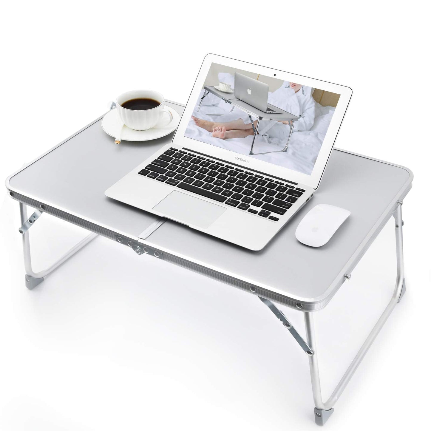 RAINBEAN Foldable Laptop Table for Bed Lightweight Breakfast Bed Tray Portable Mini Picnic Storage Space Standing Holder, Folding Leg Desk Notebook Lap Table for Kids Reading -Silver