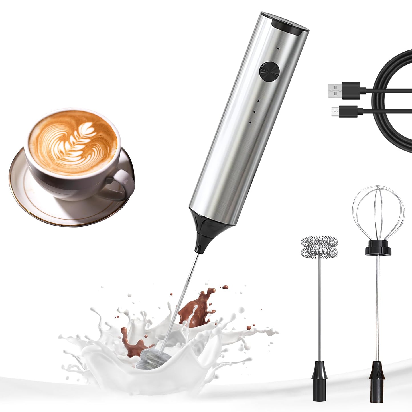 YARRAMATE Rechargeable Milk Frother Wand Handheld, 3 Speed Adjustable Electric Drink Mixer with 2 Whisks, Stainless Steel Stirrer for Coffee, Lattes, Protein Shakes, Matcha, Egg