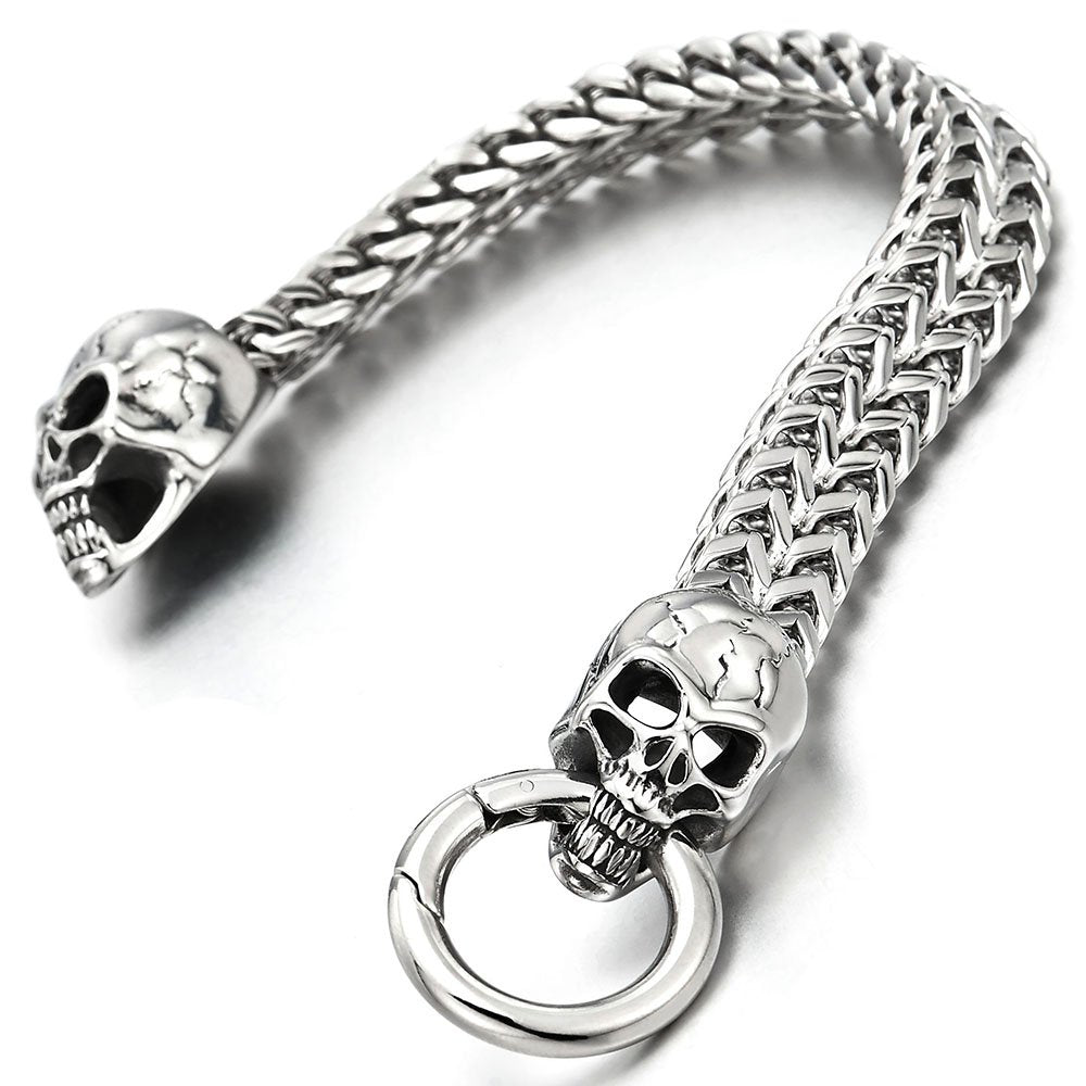 COOLSTEELANDBEYOND Gothic Mens Stainless Steel Skull Franco Link Curb Chain Bracelet with Spring Ring Clasp 8.5 Inches