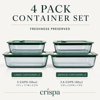 Crispa 8-Piece Teal Glass Food Storage Containers with Silicone Framed Glass Lids – 100% Plastic-Free Lunch Box Meal Prep Set (2x 40oz, 2x 20oz) – Leakproof Airtight Borosilicate for Freezer to Oven