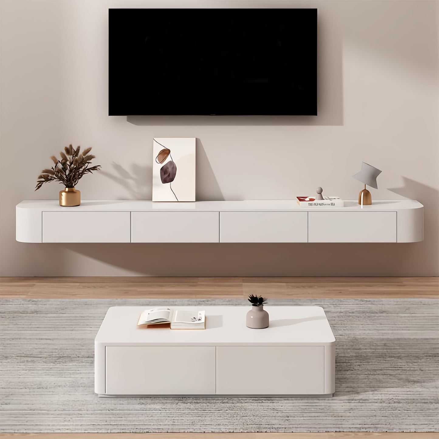 Floating TV Stand For 70 Inch TV, Modern TV Console With Storage Cabinets and Flip down doors, Suspended Entertainment Center TV Stand for Living Room Bedroom Farmhouse (White, 78.7x9.5x7.9 IN)
