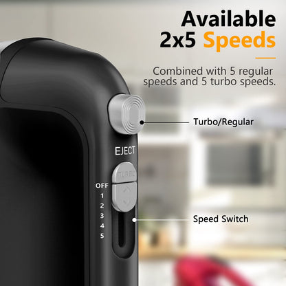 Hand Mixer Electric, 450W Kitchen Mixers with Scale Cup Storage Case, Turbo Boost/Self-Control Speed + 5 Speed + Eject Button + 5 Stainless Steel Accessories, For Easy Whipping Dough, Cream, Black