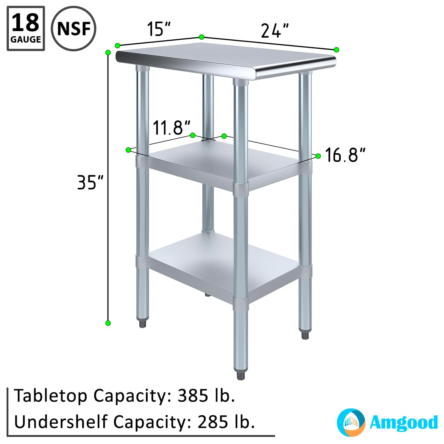 Stainless Steel Work Table with 2 Shelves | Metal Utility Table | Commercial & Residential NSF Utility (Stainless Steel Table with 2 Shelves, 30" Long x 24" Deep)
