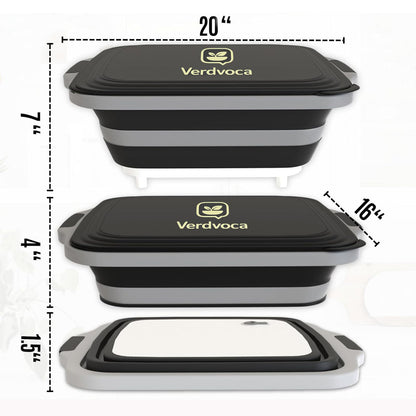 Verdvoca 1 Piece XXL & 2Pcs XL Collapsible BBQ Prep Tubs/Cutting Board with Lids for Fruit Prep & Washing, Meal Marinating and Food Storage (16L Orange +30L Black+16L Black)