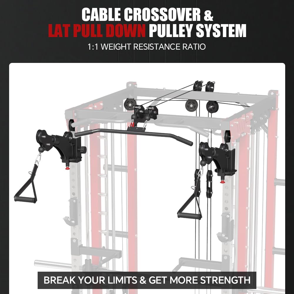 FAGUS H Red Commercial Smith Machine with Smith Bar, 4000LBS Power Cage Squat Rack with Lever Arm, Leg Press, LAT Pull Down System, Multi-Function Linear Bearing Cable Crossover Machine for Home Gym