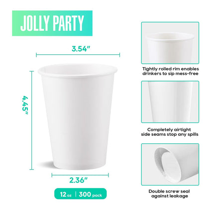 JOLLY PARTY 300 Pack 12 oz Disposable Paper Coffee Cup, Hot/Cold Beverage Drinking Cups for Water, Paper Coffee Cups, White Hot Coffee Cups
