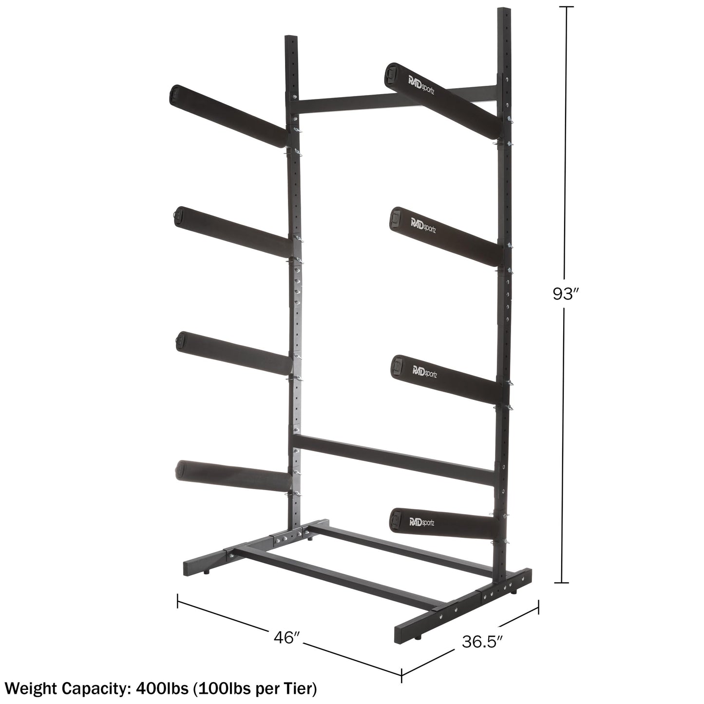 RAD Sportz Kayak Storage Rack - 4-Level Freestanding Adjustable Stand with Padded Arms and 400lb Capacity for Canoes, SUP, or Paddleboards (Black)