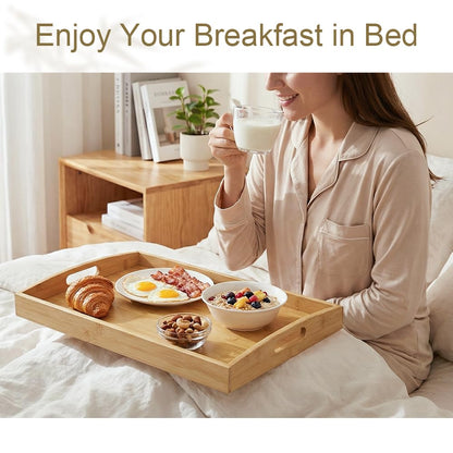 Bamboo Serving Tray with Handles - 2 Pack Wooden Food Tray for Breakfast in Bed, Eating, Decor and Storing - Decorative Trays Platter Use for Kitchen, Ottoman, Living Room, Party and Restaurant