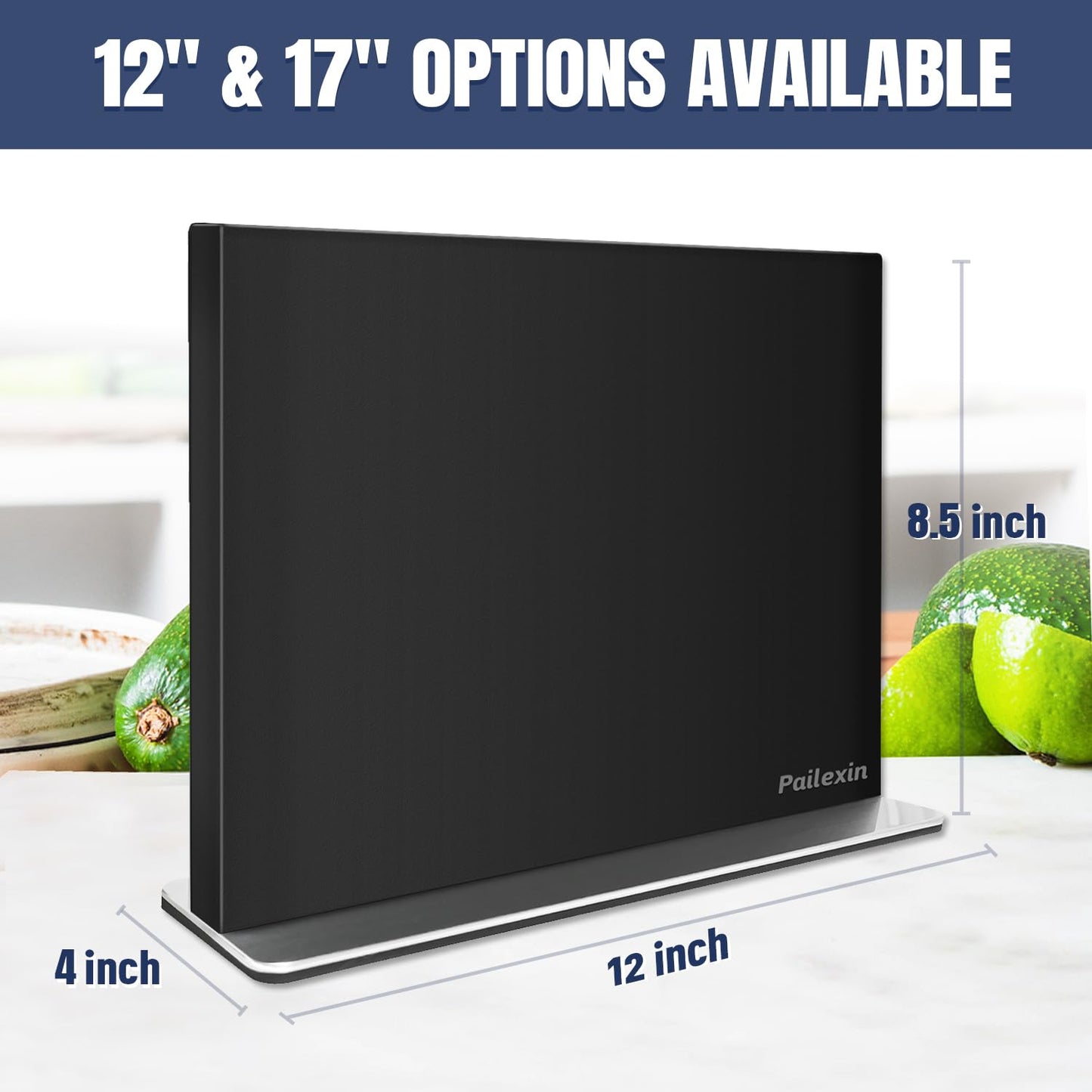 Pailexin Magnetic Knife Block Without Knives—Black Stainless Steel Double-Sided Magnetic Knife Holder Stand with Strong Magnets, Knife Storage Organizer for Kitchen Counter top