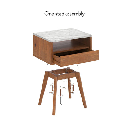 Nathan James Mid-Century James Faux White Marble Accent Side or End Table with Walnut Finish and Marble Table-top with Storage, White/Brown, Set of 2