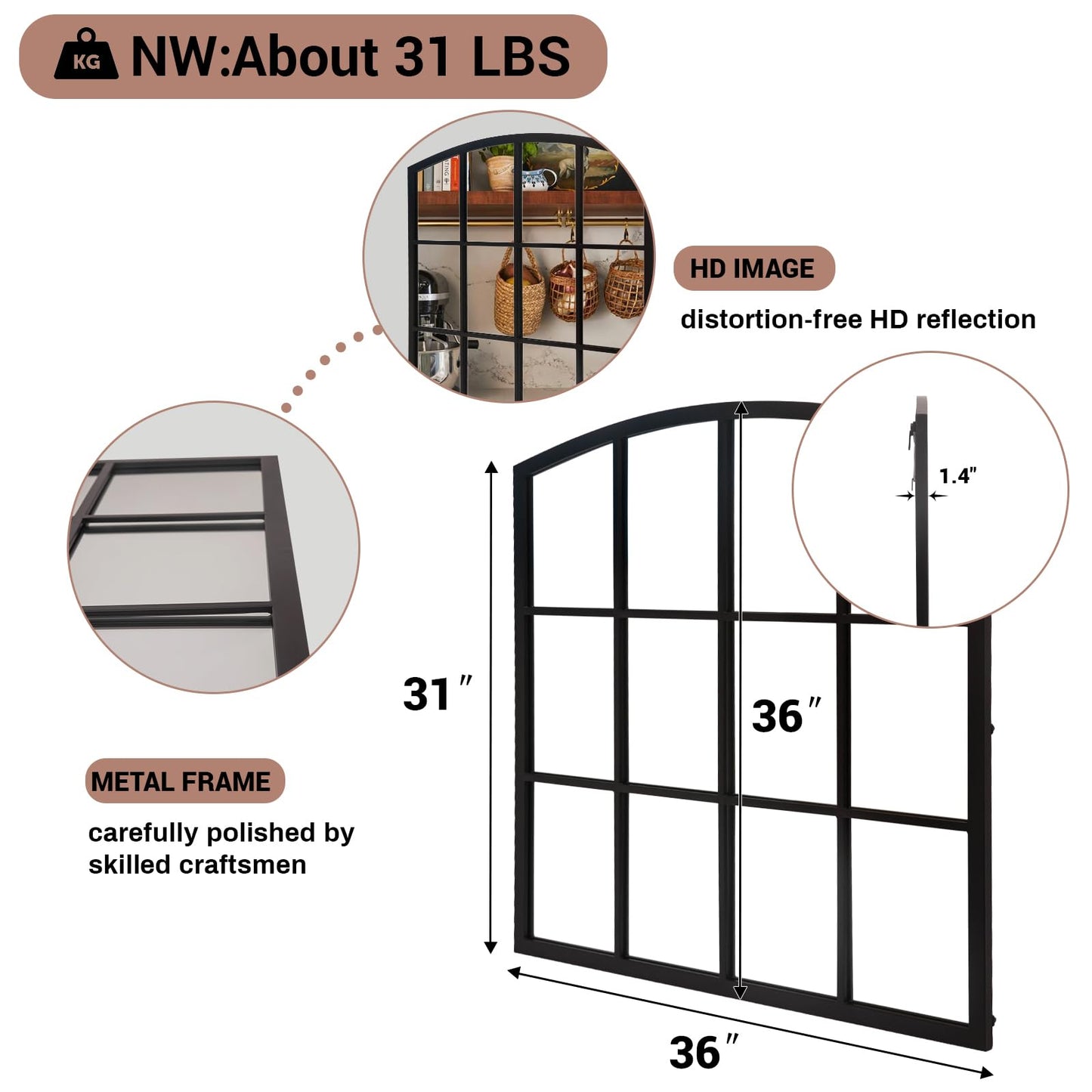 GIFTTROVE 36 Inch Arched Window Mirror, Matte Black Metal Frame Decorative Mirror, Grid Wall Mirrors for Living Room, Bedroom, Entryway