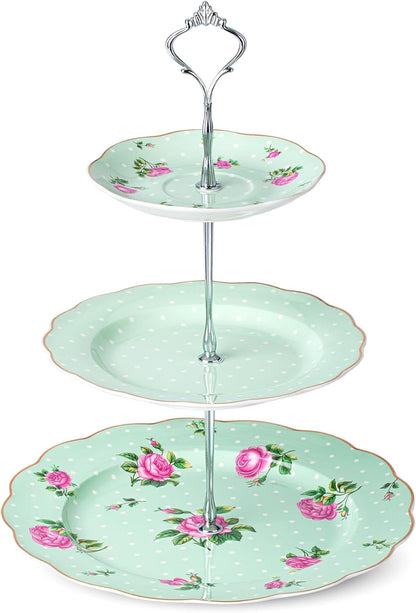 3-Tier BTaT- Porcelain Dessert Tower, Green Afternoon Tea Stand, Sandwich & Plate Stand