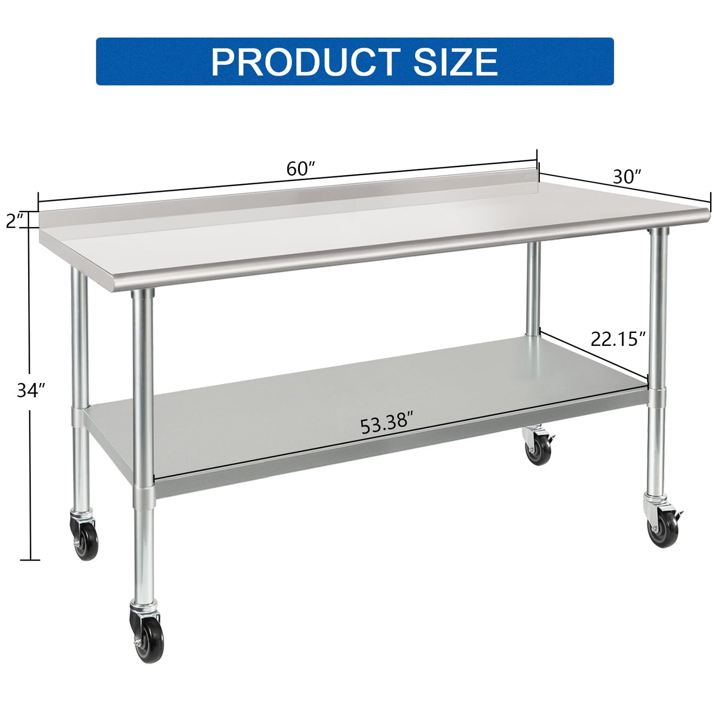 HARDURA Stainless Steel Table 30 x 60 Inches with Wheels Casters NSF Heavy Duty Commercial Prep Table with 2” Backsplash and Adjustable Undershelf for Restaurant Kitchen Home and Hotel
