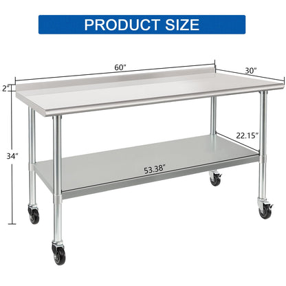HARDURA Stainless Steel Table 30 x 60 Inches with Wheels Casters NSF Heavy Duty Commercial Prep Table with 2” Backsplash and Adjustable Undershelf for Restaurant Kitchen Home and Hotel
