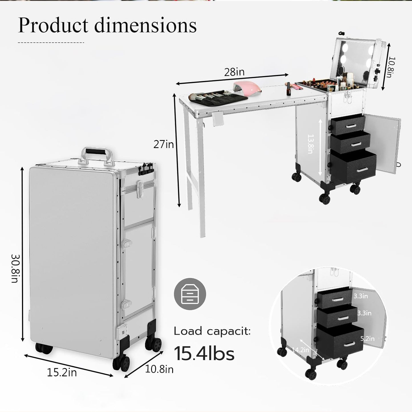 Gdsshuhung Portable Nail Desk with LED Mirror, Heavy Duty Foldable Manicure Table with 3 Drawers, Rolling Makeup Train Case Cosmetology Trolley on Wheels, Mobile Nail Tech Workstation (White)
