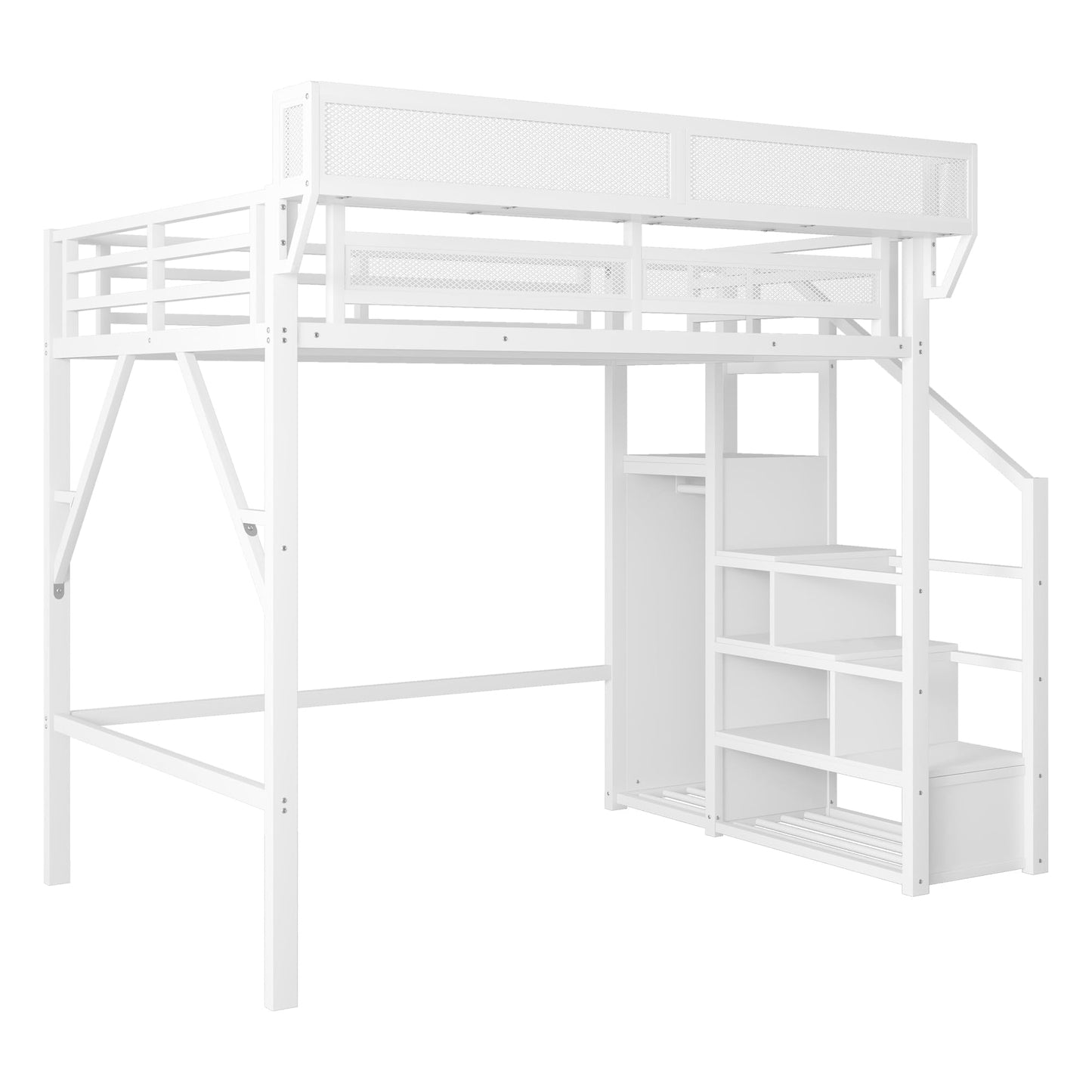 DNYN Queen Size Loft Bed with Desk & Storage Shelves & Wardrobe & Staircase Design for Kids/Adults Bedroom,Sturdy Metal High Bedframe w/Led & USB Port,Super Save Space & No Box Spring Needed, White