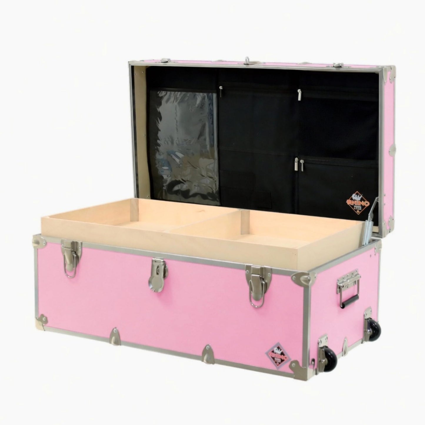 Rhino Trunk & Case Small Essential Trunk With Wheels, Tray, & Lid Organizer - 30"x17"x13", 1000+ lbs Capacity. Strong, USA Made Summer Camp Footlocker, and Secure College Dorm Storage Chest