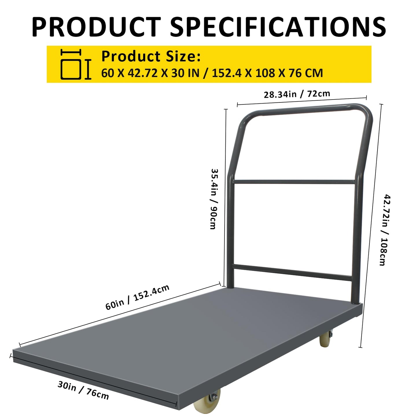 Heavy Duty Platform Truck Moving Flatbed Cart, 30"x60"Push Dolly, 2000 LBS Dolly Cart Flatform with Wheels and Handle, Steel Flatbed Cart for Luggage Moving, Shopping