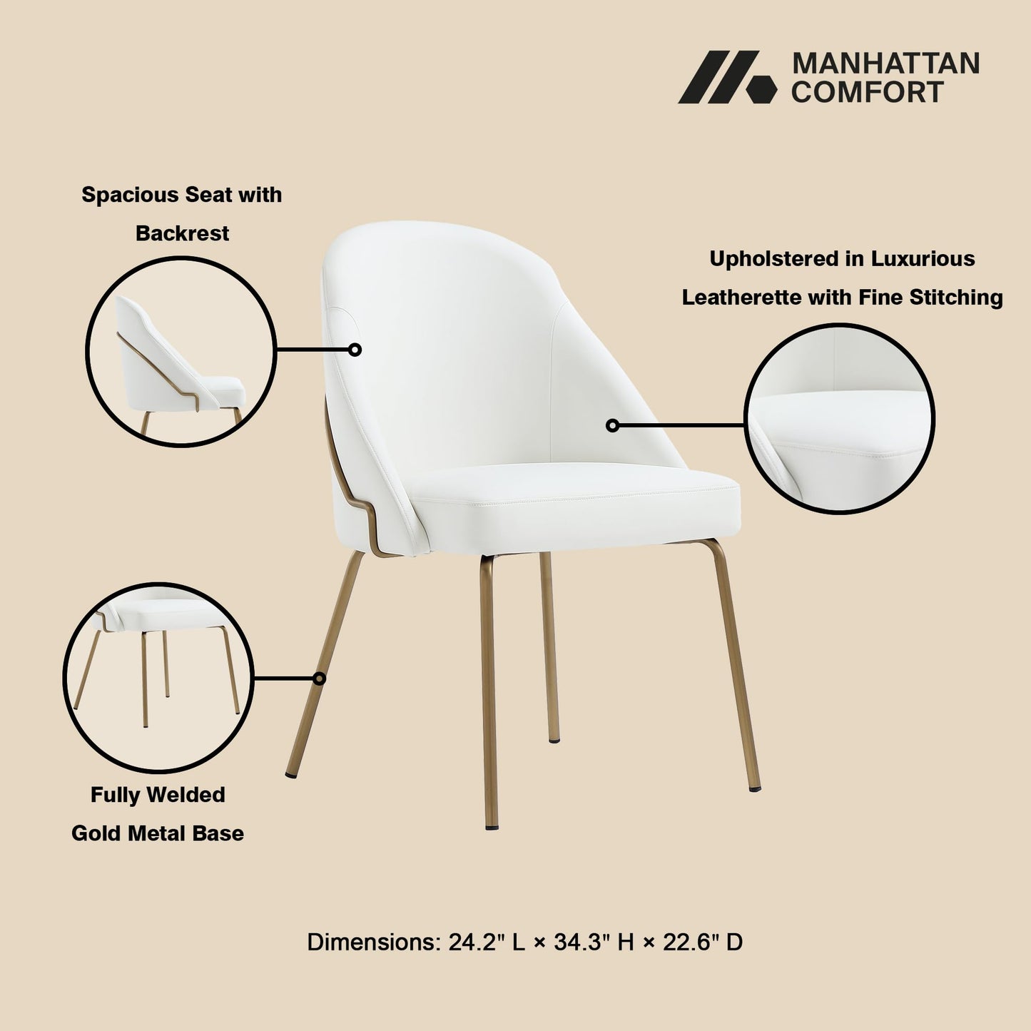 Manhattan Comfort Gracie Modern Faux Leather Dining Chairs, Upholstered Leatherette Seat, Steel Legs, High-Density Foam, Comfortable & Stylish Kitchen and Dining Room Chairs, Set of 2, White and Gold