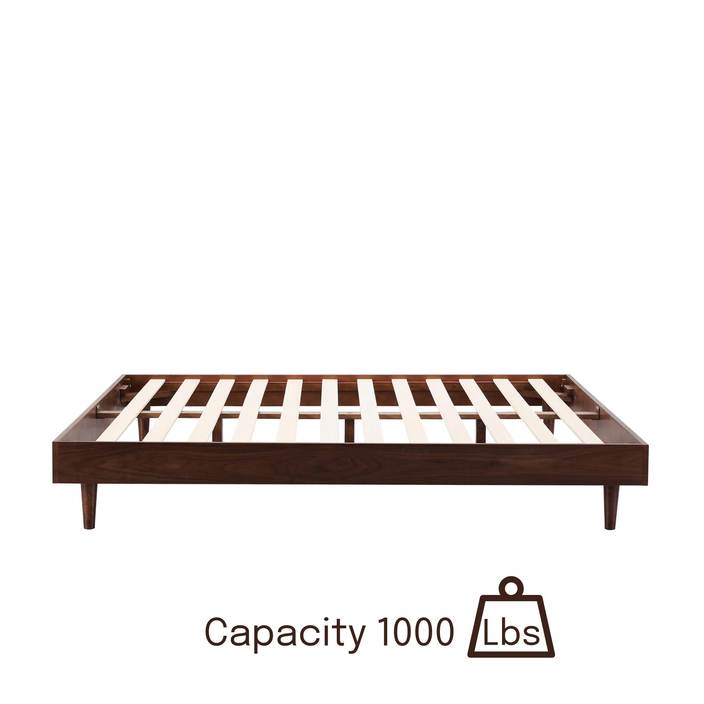 NTC Fly Wooden Bed Frame Without Headboard, Crafted from Walnut, Rubber Wood with Silent Slats and Wood Central Supports, 1000 Lb Capacity, Effortless Assembly, King - Dark Walnut