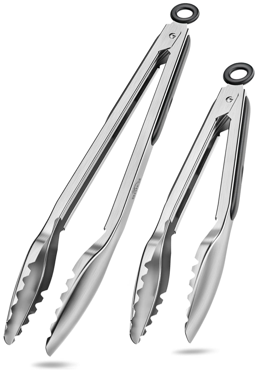 Bnlcd Cooking Tongs with Teeth, Premium Stainless Steel Kitchen Tongs Set of 2-9" and 12", Heavy Duty Locking Metal Food Tongs with Non-Slip Grip - Black