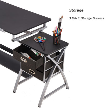 Adjustable Drafting Table for Artists with Stool, Sturdy X-Cross Metal Frame Drawing Table with Storage Drawers, Art Desk with Tilted Tabletop, Craft Station Writing Computer Desk, Black