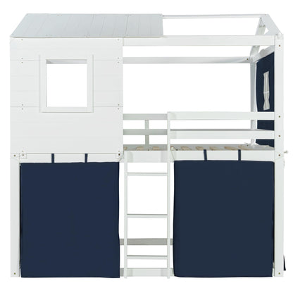Full Over Full Bunk Bed with Tent, Wood Full Size House Bed Frame, Blue+White