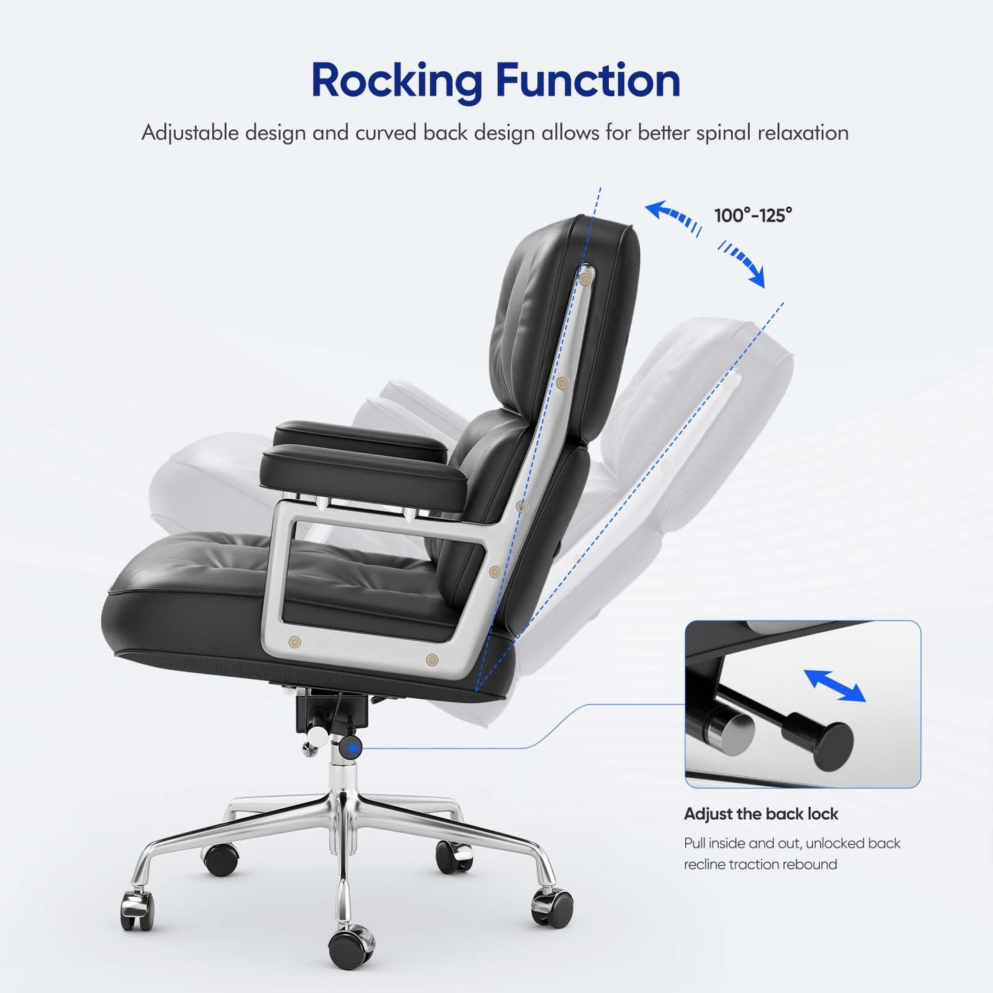 Genuine Leather Office Chair, Mid Back Executive Desk Chairs with Aluminum Arms and Wheels, Swivel Office Leather Chair with Thickened Backrest and Ergonomic Lumbar Support, Black