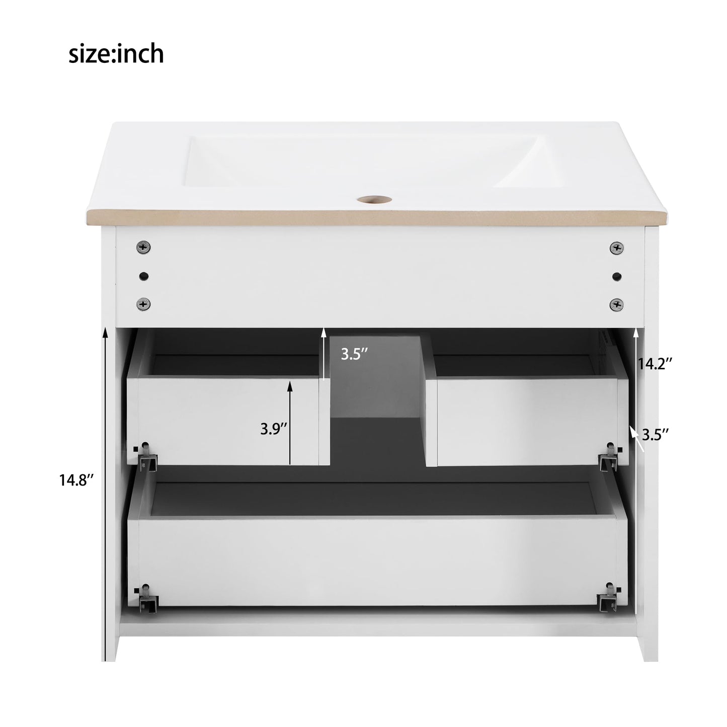 Merax 24" Wall Mounted Floating Cabinet w/Double Drawer, Floating Rectangular Vanity Small Bathroom Sink with Single Faucet Hole and Overflow, Modern Bathroom Cabinet with Ceramic Basin Sink, White