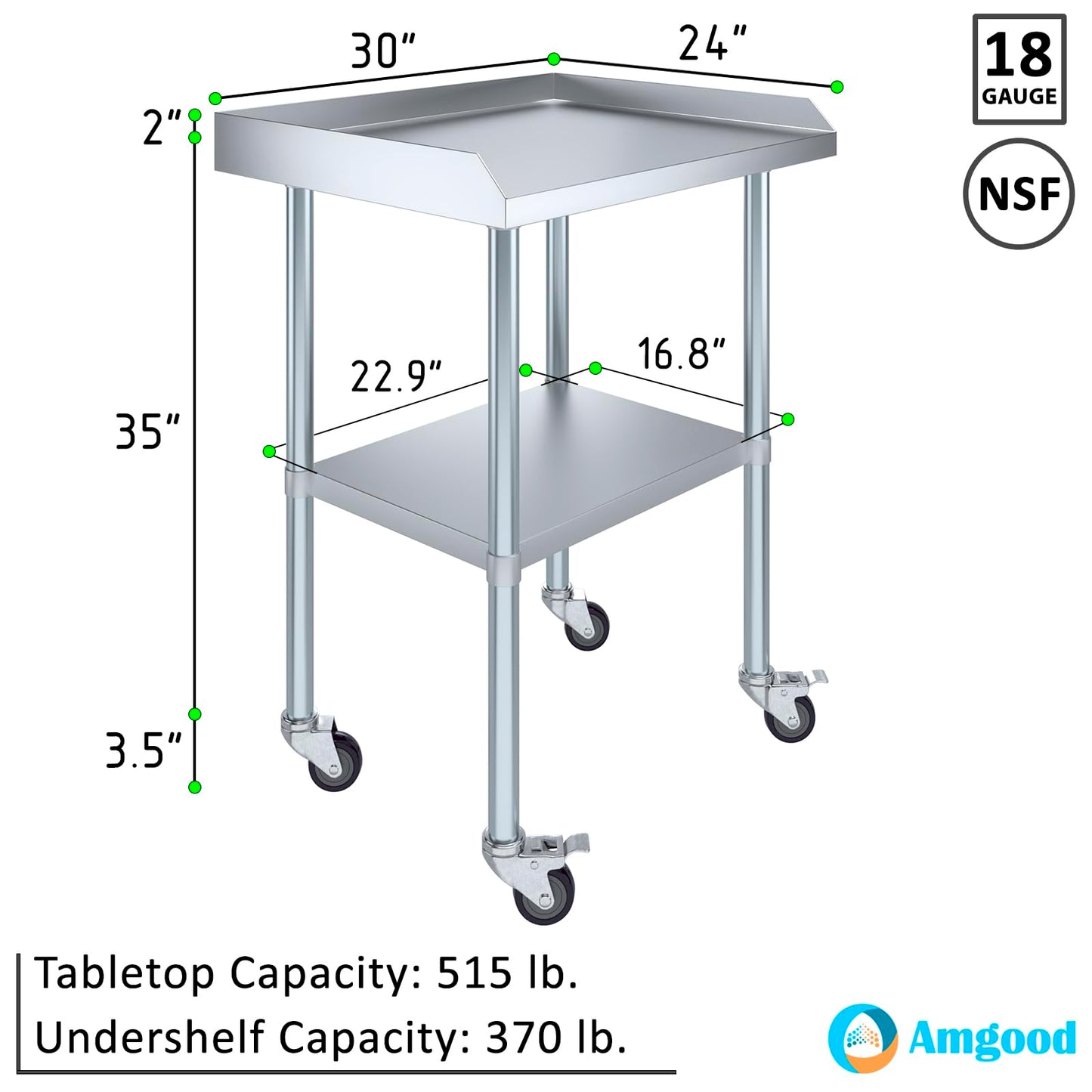 AmGood Commercial Work Table with Backsplash and Sidesplashes with Casters | NSF (Stainless Steel Table with Sideguards + casters, 30" Long x 24" Deep)