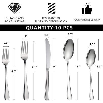eieioo Silverware Set, Stainless Steel Cutlery Set for 2, Flatware Set Service 10 Pcs, Cutlery Utensil Sets with Knives, Spoons and Forks Sets, Mirror Polished, Dishwasher Safe (Set of 2)