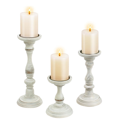 Rustic Distressed Wooden Candle Holder Set of 3 for Pillar Candles, Farmhouse Wood Candle Stands for Table Centerpieces & Living Room Home Decor (Rubber Wood(Distressed White))