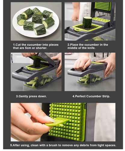 Vegetable Chopper and Slicer, 15-in-1 Manual Food Dicer with Container, Stainless Steel Blades, Gray and Green