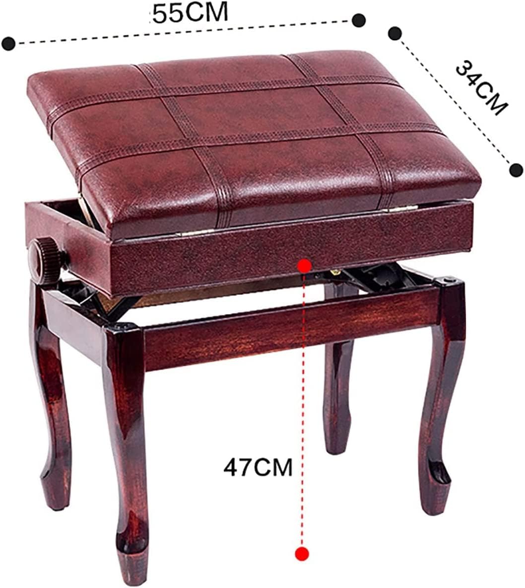 FKTHYO Piano Stool Piano Bench Dressing Table Stool Deluxe Artist Piano Bench 10CM Height Adjustable Keyboard Stools with Leather Padded Seat and Large Storage Box, 55 x 34,Mahogany