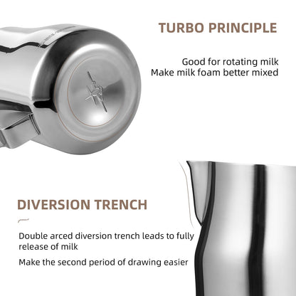 MHW-3BOMBER Milk Frothing Pitcher 450ml/15.2oz Milk Frother Cup Espresso Steaming Pitcher Stainless Steel Milk Frother Cup Barista Latte Art Round Spout Milk Jug P6001S