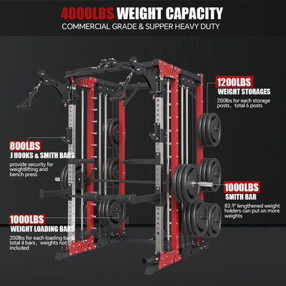 FAGUS H Red Commercial Smith Machine with Smith Bar, 4000LBS Power Cage Squat Rack with Lever Arm, Leg Press, LAT Pull Down System, Multi-Function Linear Bearing Cable Crossover Machine for Home Gym