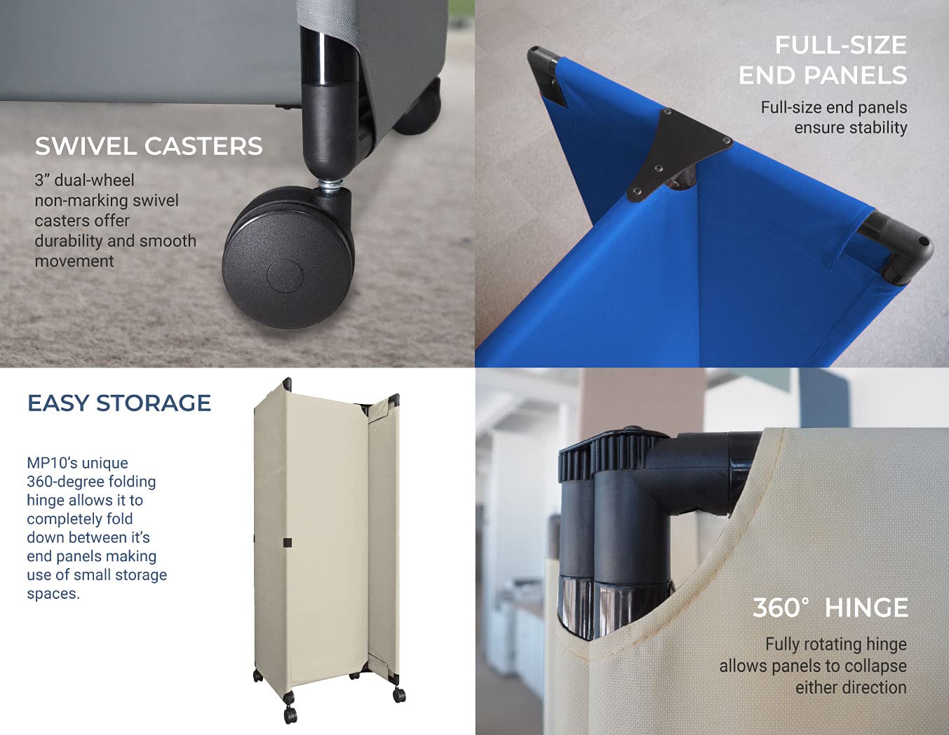 Versare MP10S Portable Folding Wall Partition | Economical 5 Panel Design | Portable Room Divider On Wheels | Adjustable, Freestanding Setup | Multiple Widths
