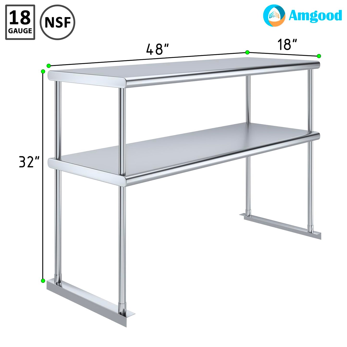 AmGood 48 Inch Double Tier Overshelf, 48 in. x 18 in. x 32 in. Stainless Steel Table Mount Shelf, 2 Tier Over Shelf for Prep Tables, Commercial Kitchen Storage Rack, Restaurant Equipment, NSF