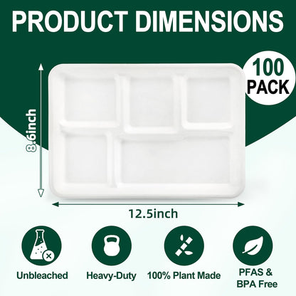 Tinybee 100% Compostable 5 Compartment Paper Plates 12.5 * 8.6 Inch [100-Pack] Large Heavy Duty Divided Disposable Eco-Friendly Bagasse Plates Lunch Trays for Buffet/Party/School (BPI-Certified) White