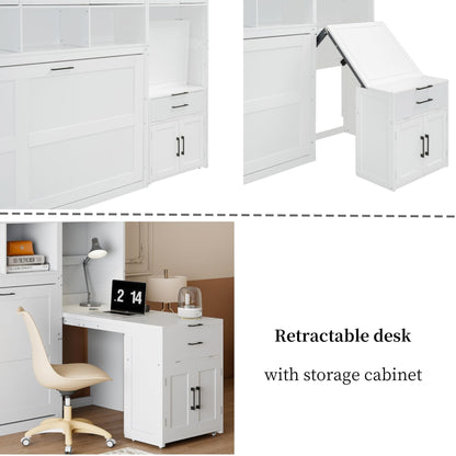 Merax 90.4"H Twin Size Murphy Bed Cabinet With Built-in Desk, Storage Closet, Drawers & Shelves, Wood Foldable Hidden Wall Platform Bedframe For Home, Bedroom, Small Room, Apartment, Reversible, White