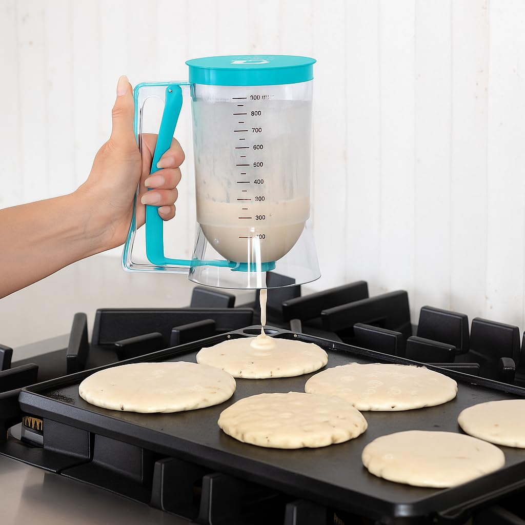 Pancake Batter Dispenser - Kitchen Must Have Tool for Perfect Pancakes, Cupcake, Waffle, Muffin Mix, Cake & Crepe - Easy Pour Baking Supply for Griddle - Pancake Maker with Measuring Label (Turquoise)