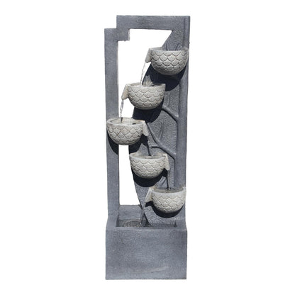 49.61’’H Waterfall Garden Fountain Outdoor 6-Tiered Modern Floor Standing Water Fall Fountains Indoor Cascading Bowl Water Feature with LED Lights Natural Stones for Living Room Office Home Decor