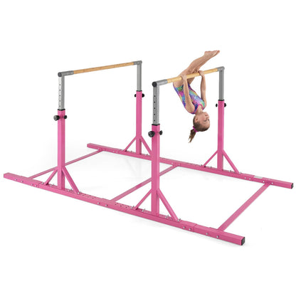 Goplus Double Horizontal Bars, Junior Gymnastic Parallel Bars with 13-Level 33"-57" Adjustable Heights & 6-Level Adjustable Width, 350 LBS Capacity for Indoor Outdoor Training (Pink)