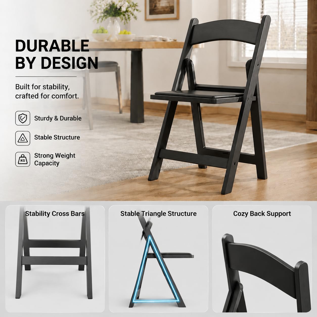 POWERSTONE Folding Chairs 8 Pack, Foldable Chair with Padded Seat, 330Lbs Capacity Lightweight Seat for Indoor Outdoor Office, Wedding, Party, Picnic, Events, Black Resin