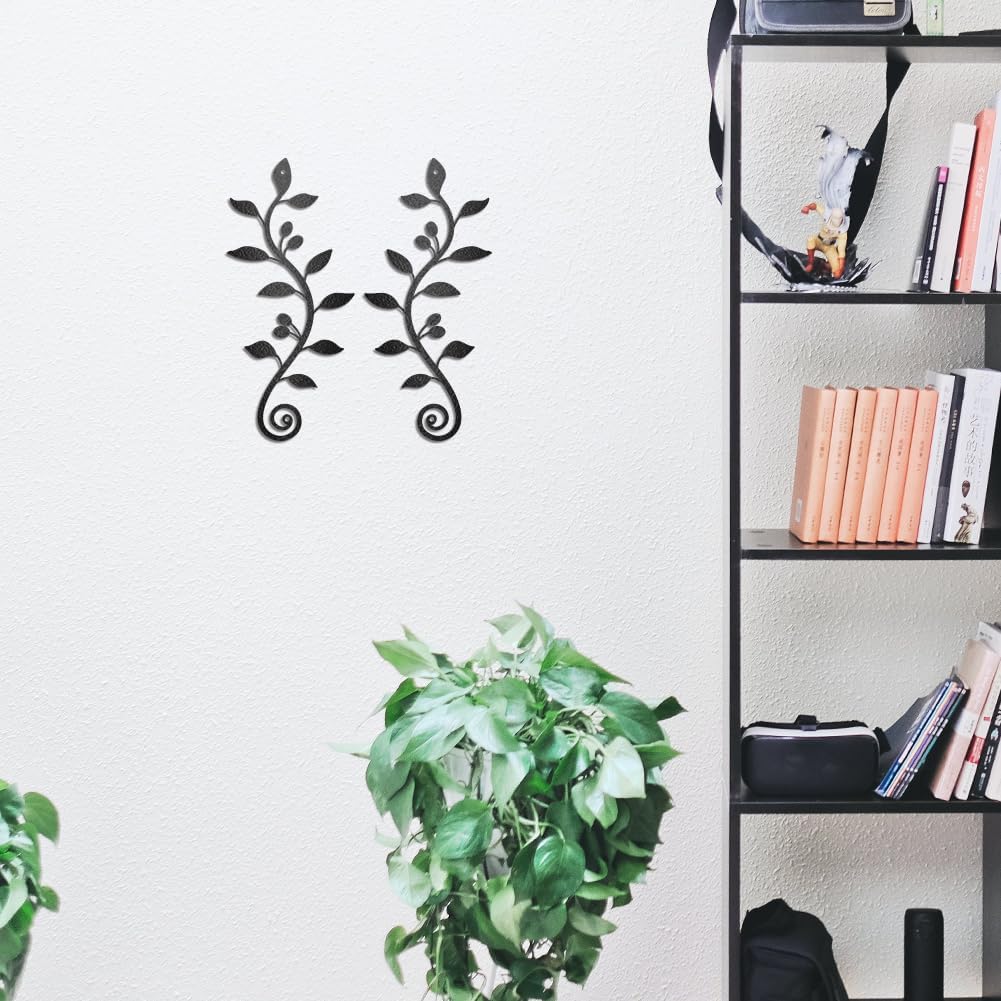 WADORN 2 Pieces Metal Wall Decor, Black Olive Branch Leaf Wall Art Decoration, Wrought Iron Scroll Vine Art for Indoor