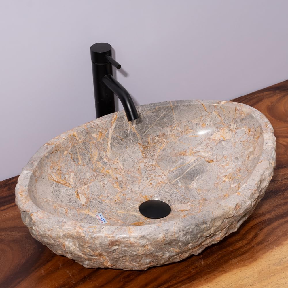 Organic Freeform Hand-Carved Marble Vessel Sink – Stone Vessel Sink with Chiseled Exterior & Natural Gold Veining – One-of-a-Kind Rustic Luxury Bathroom Sink
