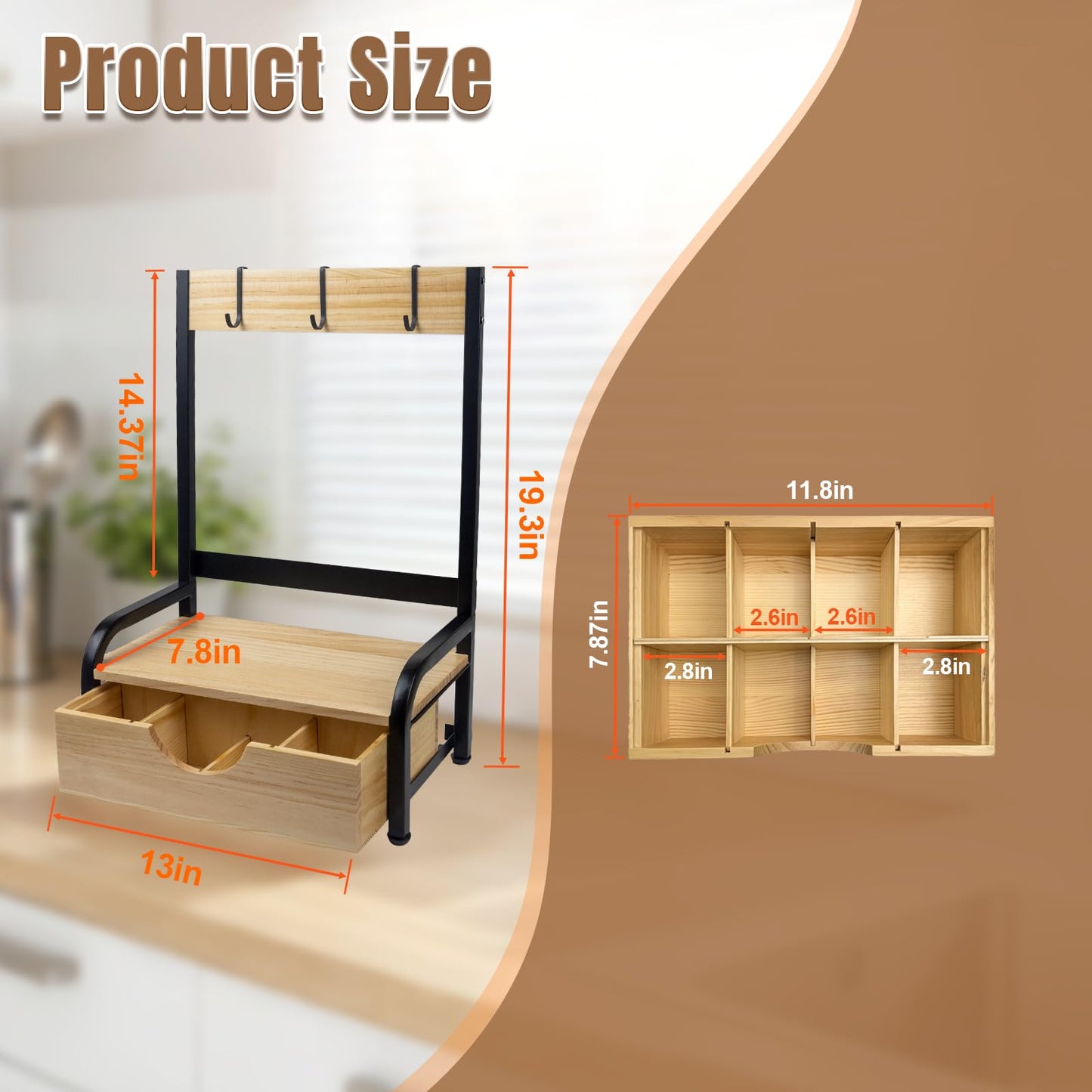 Tea Bag Organizer with Adjustable Drawer, Tea Organizers and Storage with 3 Hooks, Wood & Metal Tea Bag Holder, Tea Box Organizer for Countertop Tea Station, Tea Storage Organizer