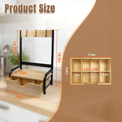 Tea Bag Organizer with Adjustable Drawer, Tea Organizers and Storage with 3 Hooks, Wood & Metal Tea Bag Holder, Tea Box Organizer for Countertop Tea Station, Tea Storage Organizer