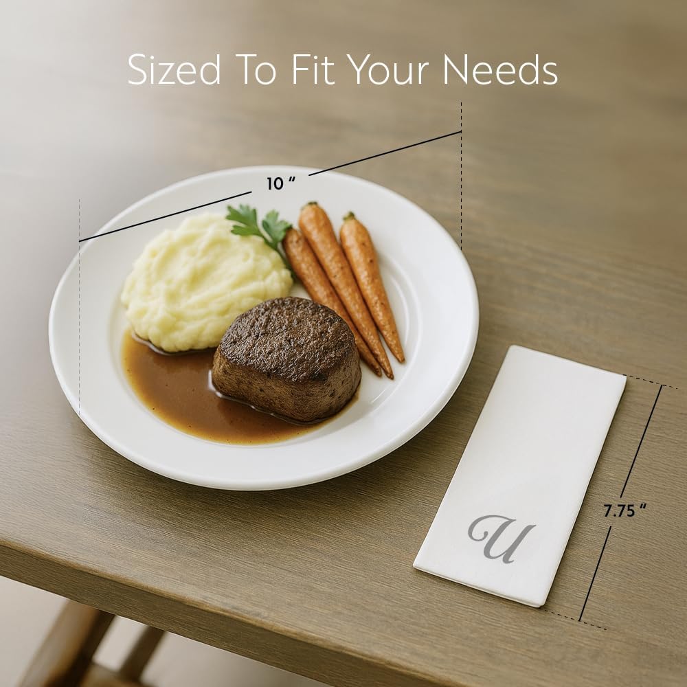 15.8 7.9 Inch 50 Luxenap X Linen-Feel Guest Towels, Disposable Striped Hand Towels - Silver Letter 'U', Cursive Font