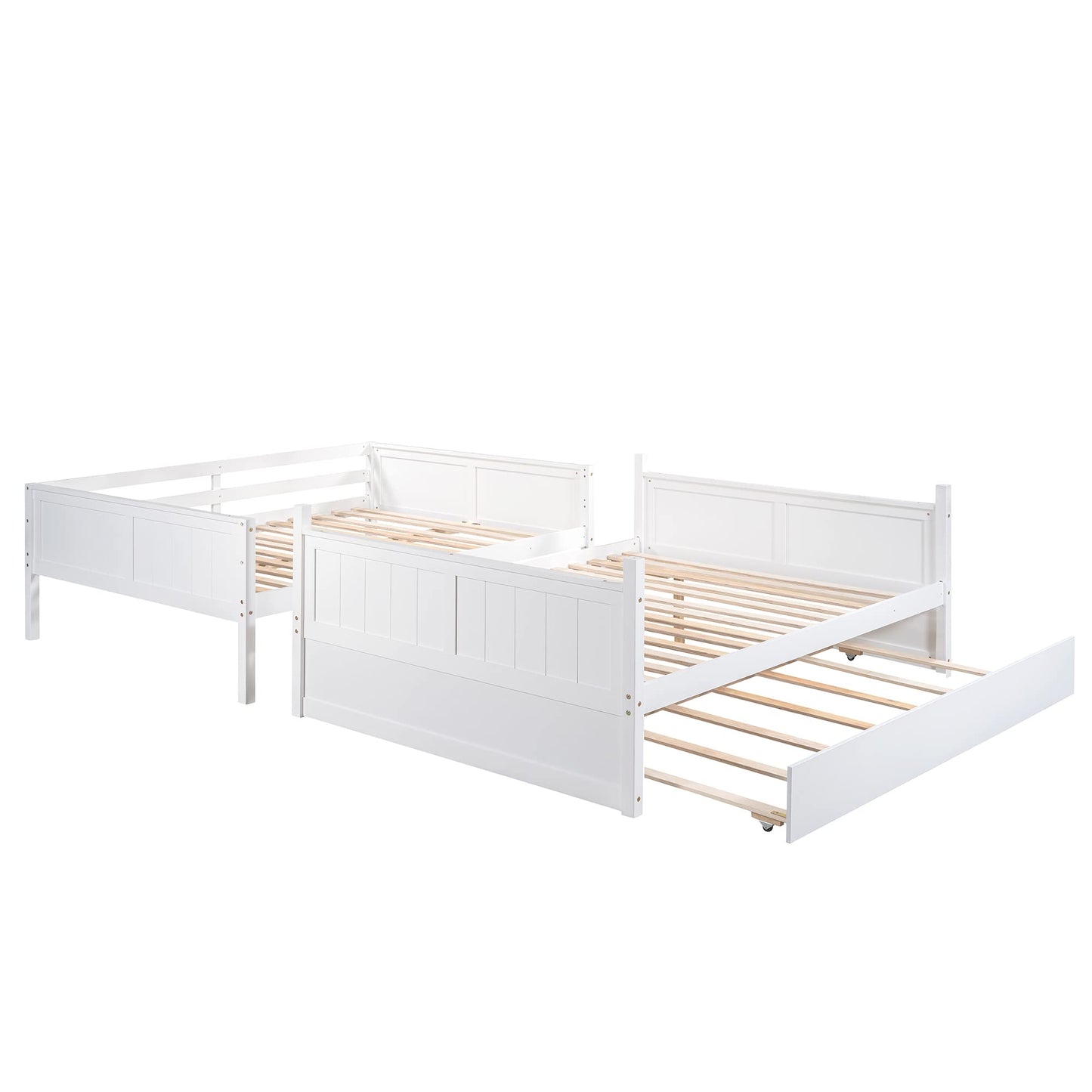 Full Over Full Bunk Bed with Trundle, Wooden Trundle Bed Frame with Ladder Safety Guardrail, Convertible to 2 Platform Beds for Kids Teens, White